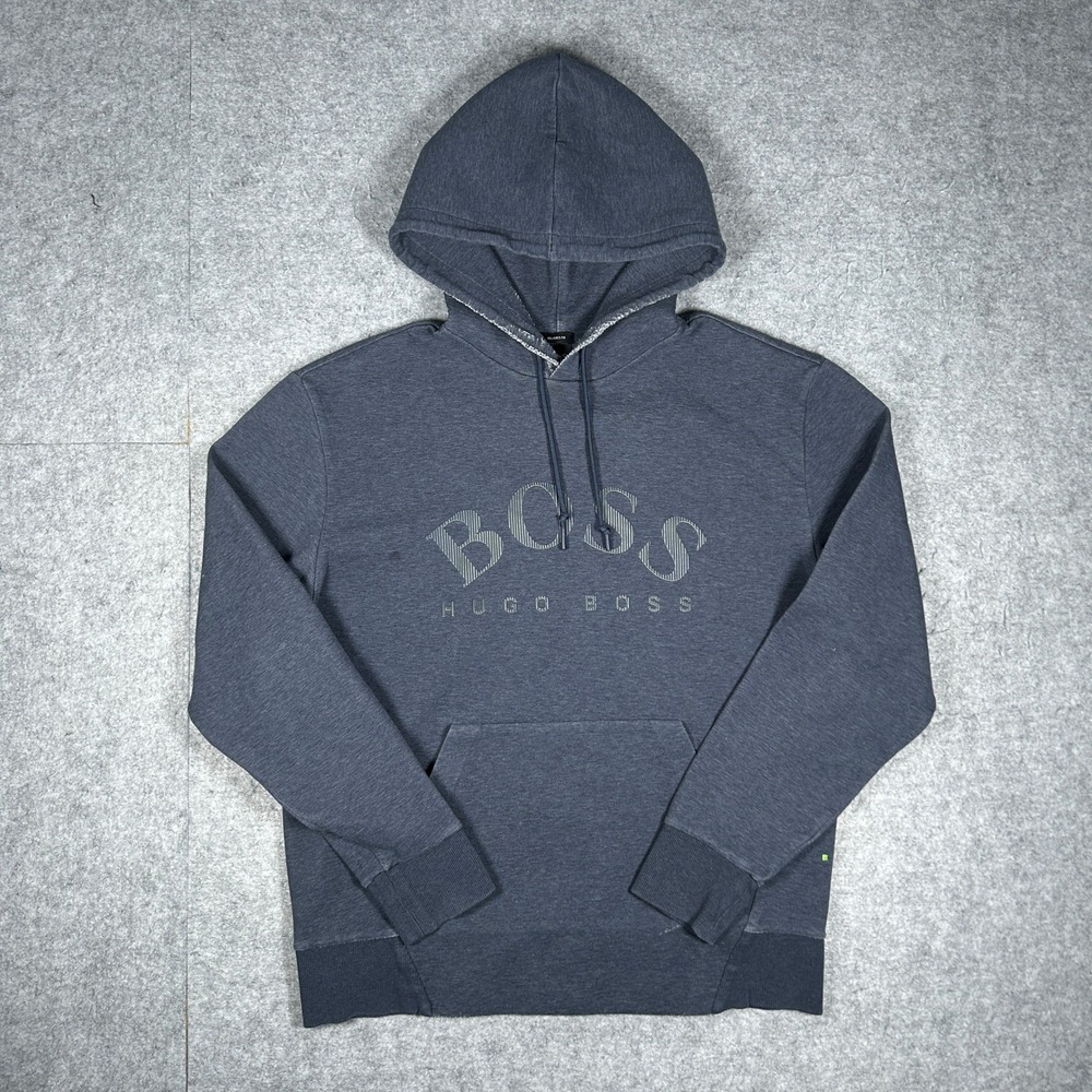 Hugo Boss Hoodie Men L Blue Relaxed Fit Logo Pullover Sweatshirt Designer Casual